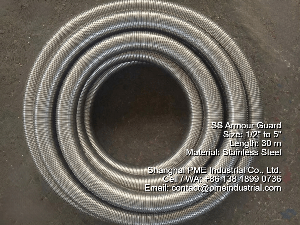 Heavy-duty flexible stainless steel armor guard for high-pressure oilfield hoses compliant with API standards