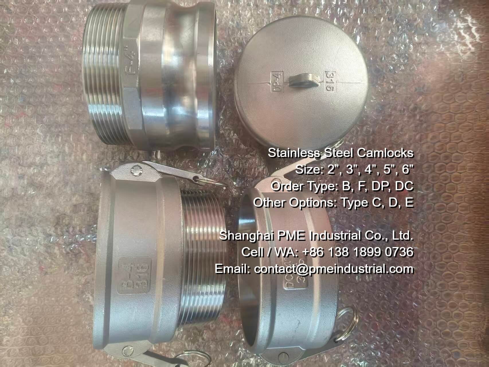 Stainless Steel 2 inch and 4 inch Camlock Dust Plugs and Caps Type DP and DC for industrial sealing.