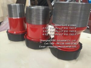 4-1/2" EUE Pin x 2" FIG 1502 Female integral crossover 15000 PSI pressure rating.