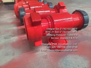 Detailed view of a 15,000 PSI FIG 1502 Integral Connection Tee, showing the forged alloy steel construction and MxFxF hammer union threads.