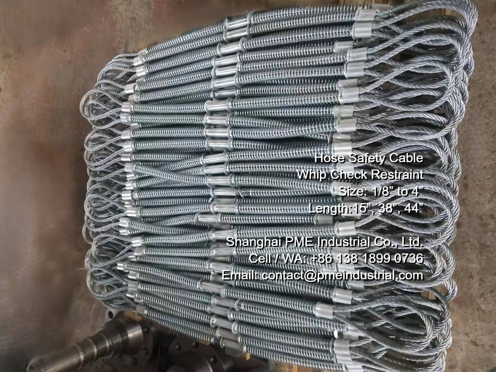 High tensile galvanized steel hose safety cable for industrial pressure relief.