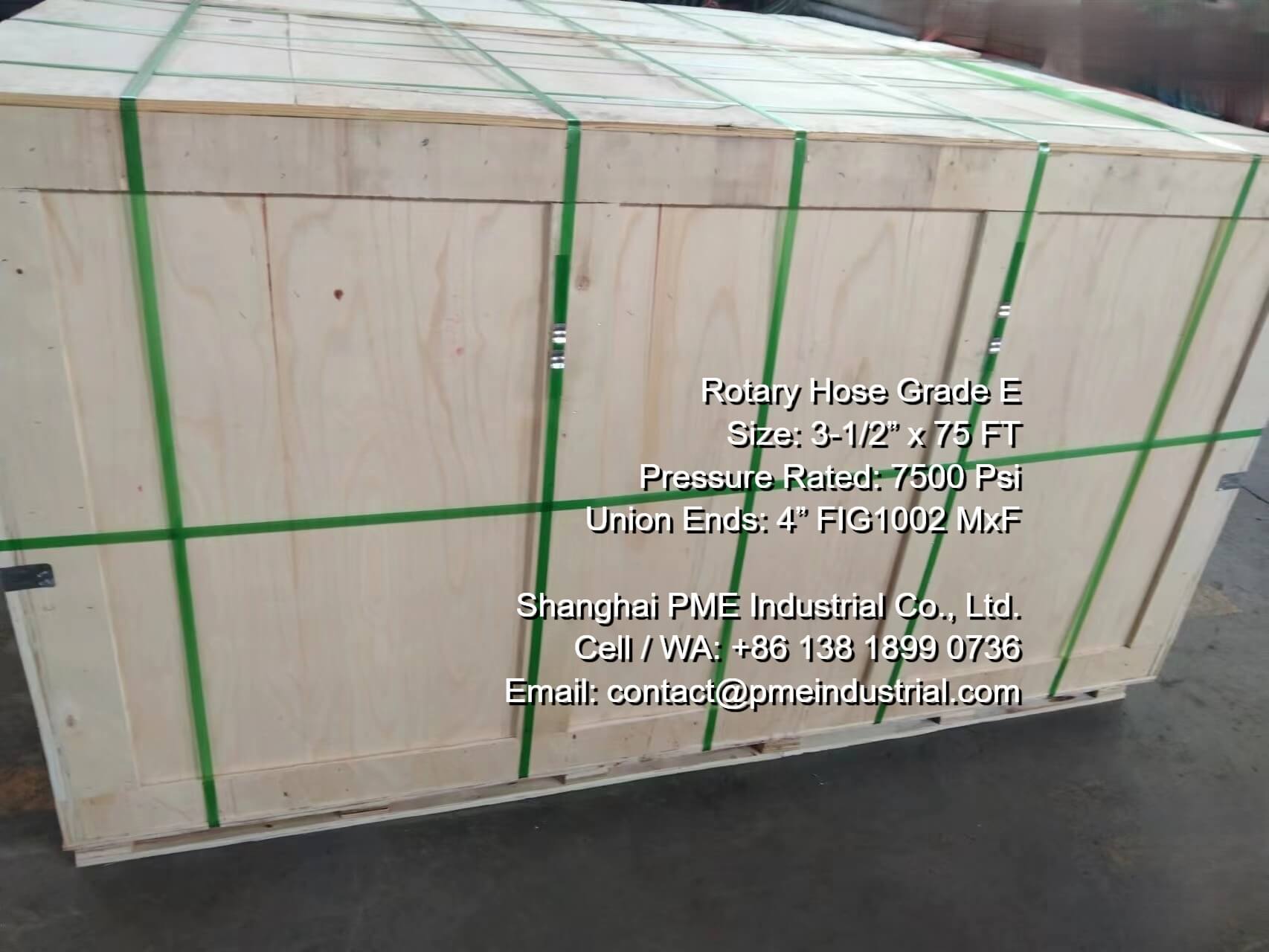 Secure export packaging for high pressure 7500 PSI drilling hose shipment.