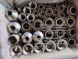 Bulk inventory of SS 316 industrial NPT female sockets and threaded hose connectors.