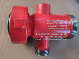 Technical detail of custom T-pipe with 5 inch Fig 1002 male x female and 2 inch Fig 1502 female connection.
