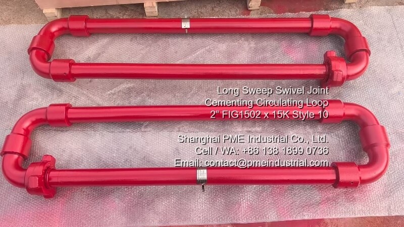 Two sets of PME 2-inch 15000 psi FIG 1502 cementing loop assemblies with Style 10 swivel joints, high-pressure temporary circulating hoses designed for oilfield service.