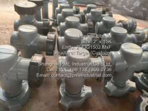 2 inch Fig 1502 integral target elbow rated at 15000 PSI CWP with wing by thread connections.