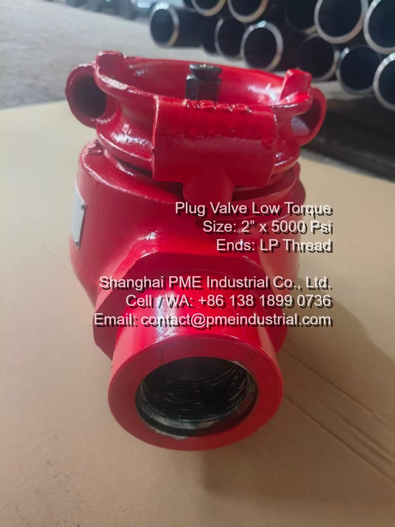 Detailed close-up of the precision-machined 2-inch female LP (Line Pipe) NPT threaded connection on a 5000 PSI wellhead service plug valve.