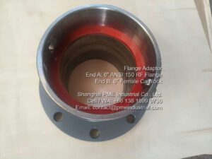 Custom ANSI 6 inch 150 lb raised face flange to 6 inch female camlock coupler crossover adapter.