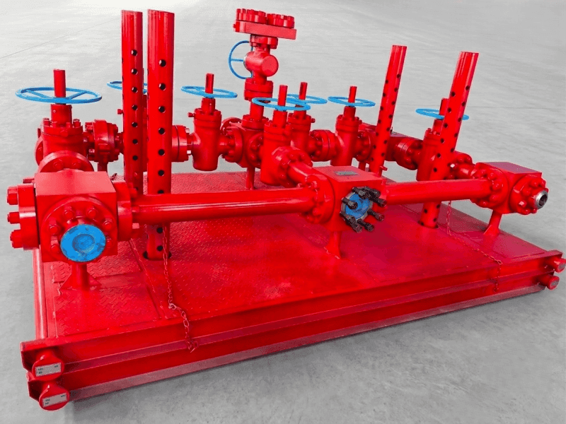 API 16C Skid-mounted Choke and Kill Manifold rated for 15,000 PSI working pressure. Heavy-duty well control equipment featuring manual and hydraulic choke valves, parallel slab gate valves, and pressure sensors for severe drilling rig and high-pressure oilfield service.