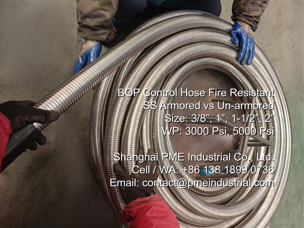 Coiled stainless steel armored fire resistant BOP hose 1 inch 5000 PSI prepped for wooden box packing