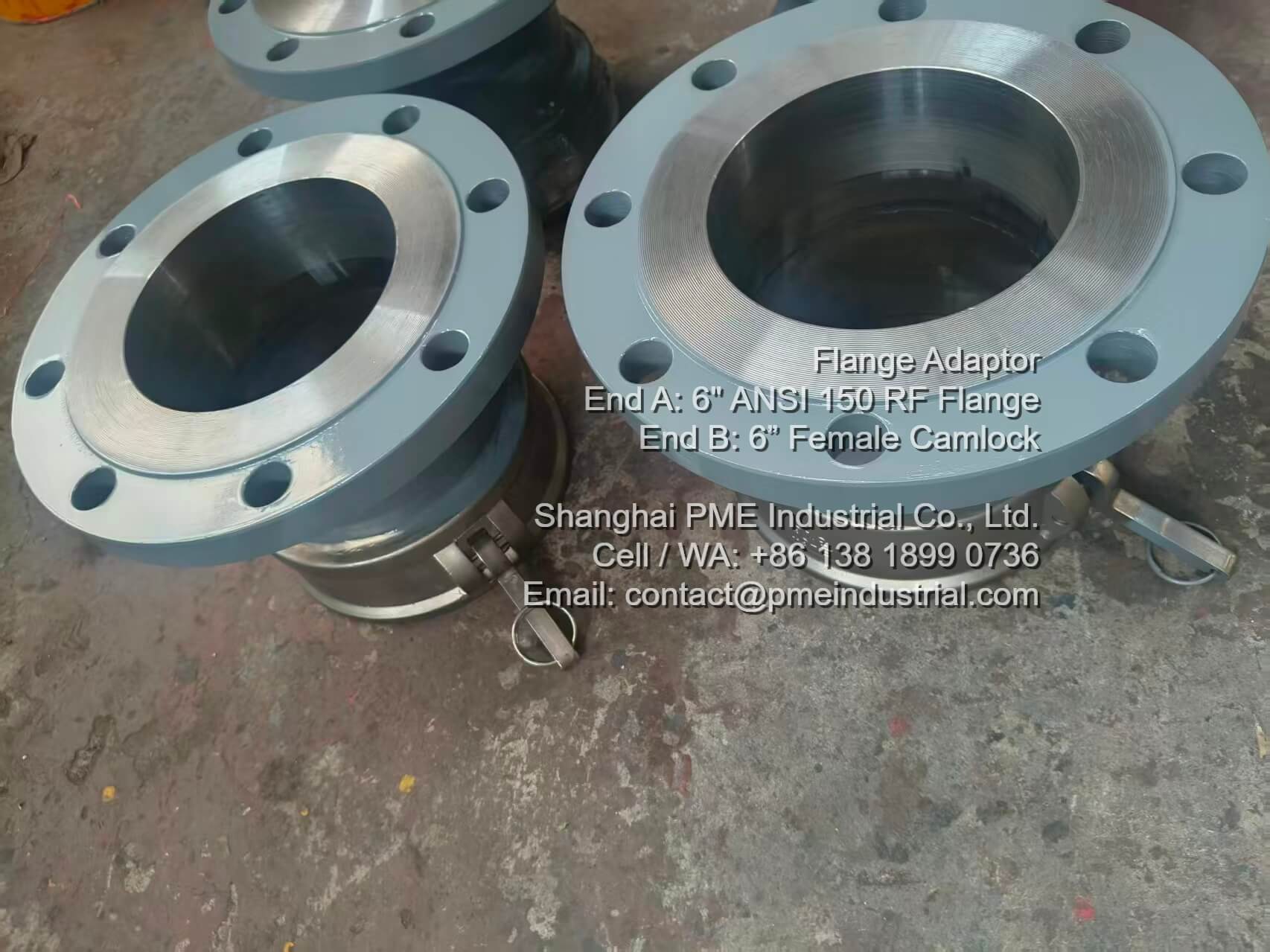 Ready-to-ship standard carbon steel 6 inch female camlock flange connections with heavy duty locking arms.