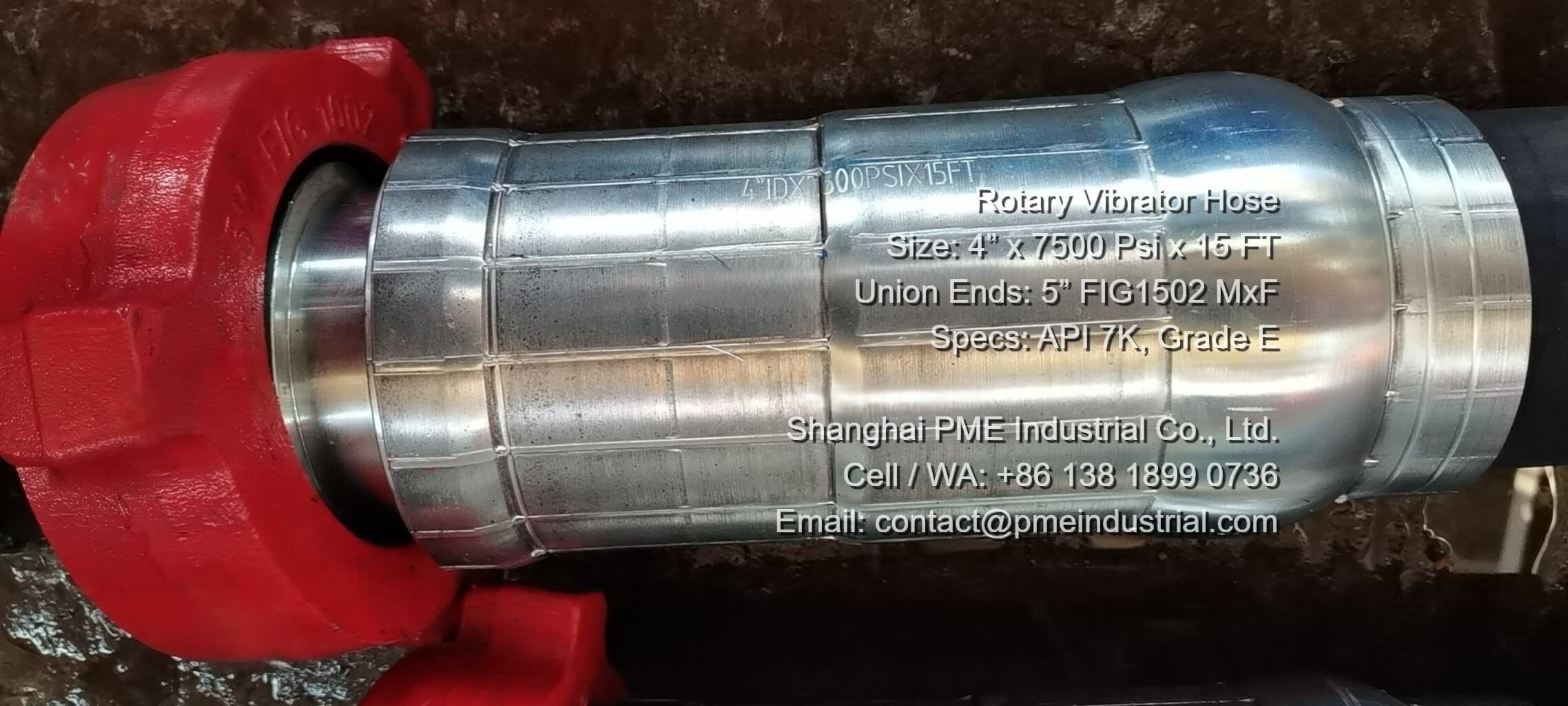 Integral forged Figure 1502 butt-weld male and female hammer union connections on a 4 inch ID drilling hose.