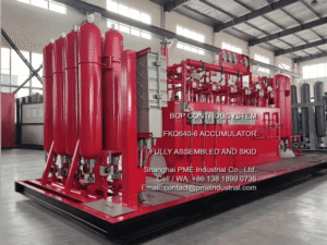 Finished FKQ640 6 BOP control system FOR SURFACE MOUNTED BOP STACKS, FULLY ASSEMBLED AND SKID, painted industrial blue, and skid mounted for rapid heavy deployment.