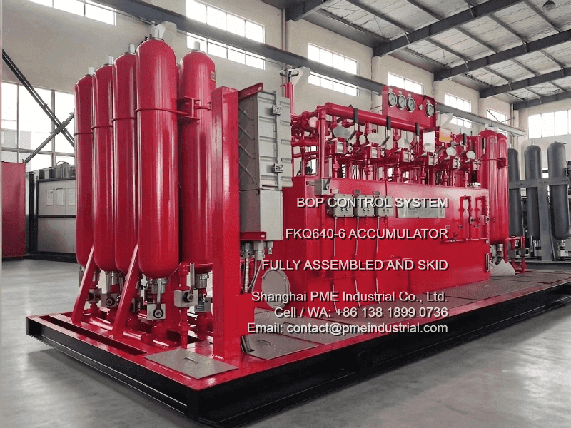 Finished FKQ640-6 BOP control system for surface-mounted BOP stacks, fully assembled, painted industrial blue, and skid-mounted for rapid heavy deployment.
