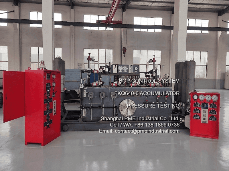 Factory production testing of FKQ640-6 BOP control system, conducting severe hydrostatic pressure hold and pneumatic function checks on the control valves and remote panels.
