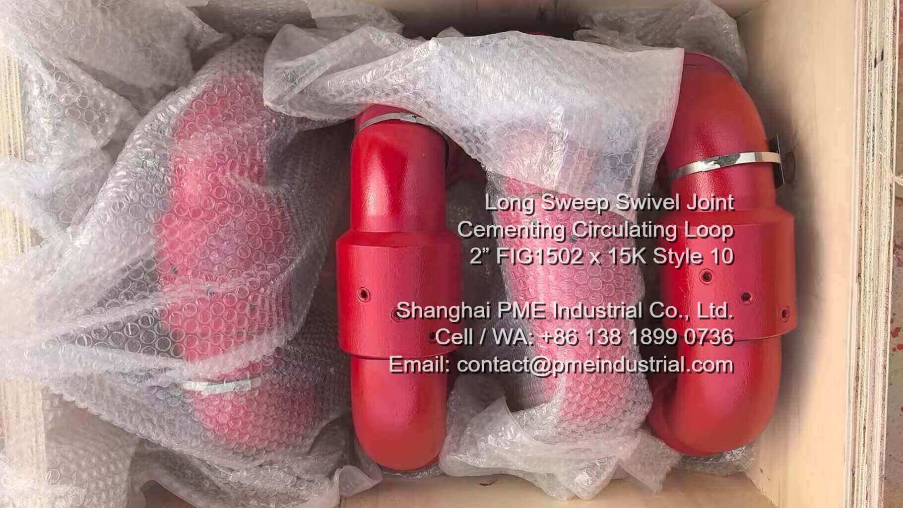 PME Style 10 long sweep swivel joint 2 inch 15000 psi FIG 1502 male by female connection, heavy-duty fluid control swivel ready for shipment to Southeast Asia oilfields.