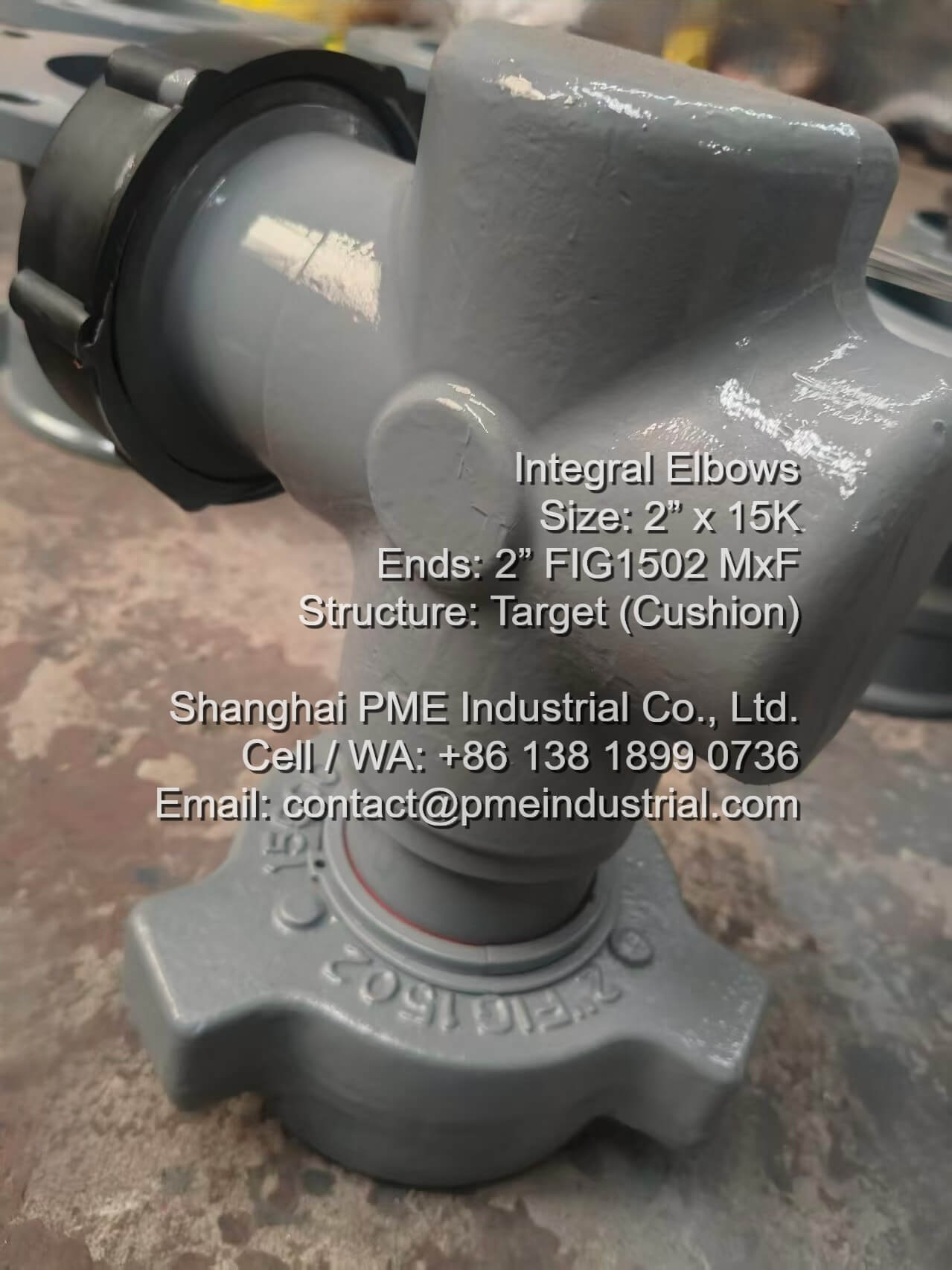 Hydrostatic pressure testing of PME Industrial 2 inch 1502 target elbows at manufacturing plant.