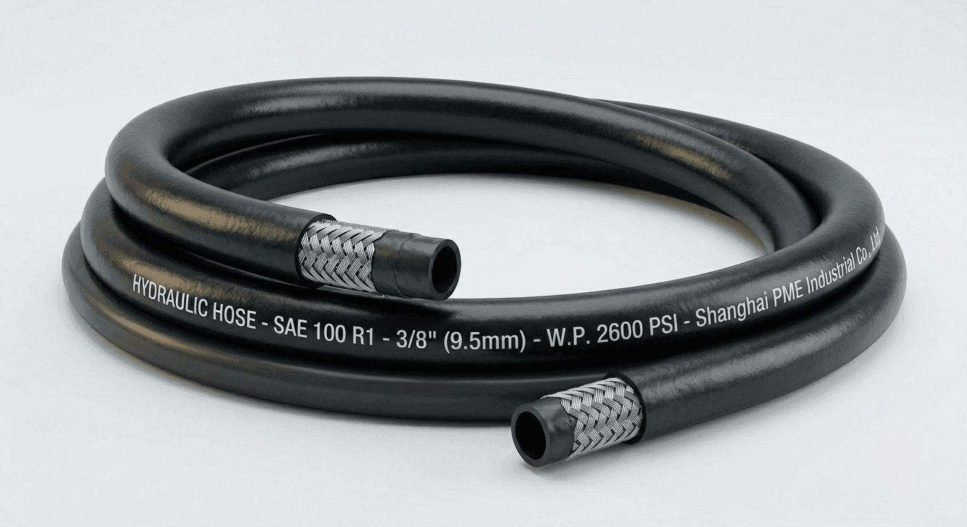 SAE 100 R1 single steel wire braided hydraulic hose manufactured by Shanghai PME Industrial Co., Ltd., showing the internal wire reinforcement layer and black rubber cover.