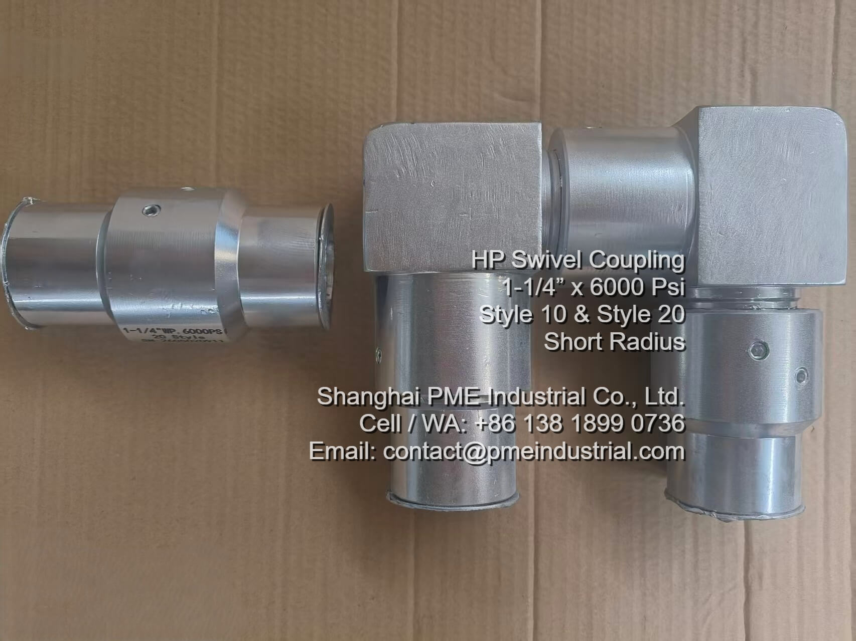 Side-by-side comparison of PME 1-1/4 inch Style 10 and Style 20 6000 PSI swivel couplings