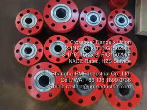 Precision machined RTJ ring groove BX-154 and R-24 flange end face detail on API 6A integral crossover adapter for sour gas service