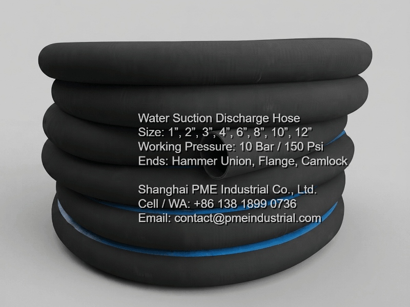 Coiled roll of industrial EPDM water suction and discharge hose