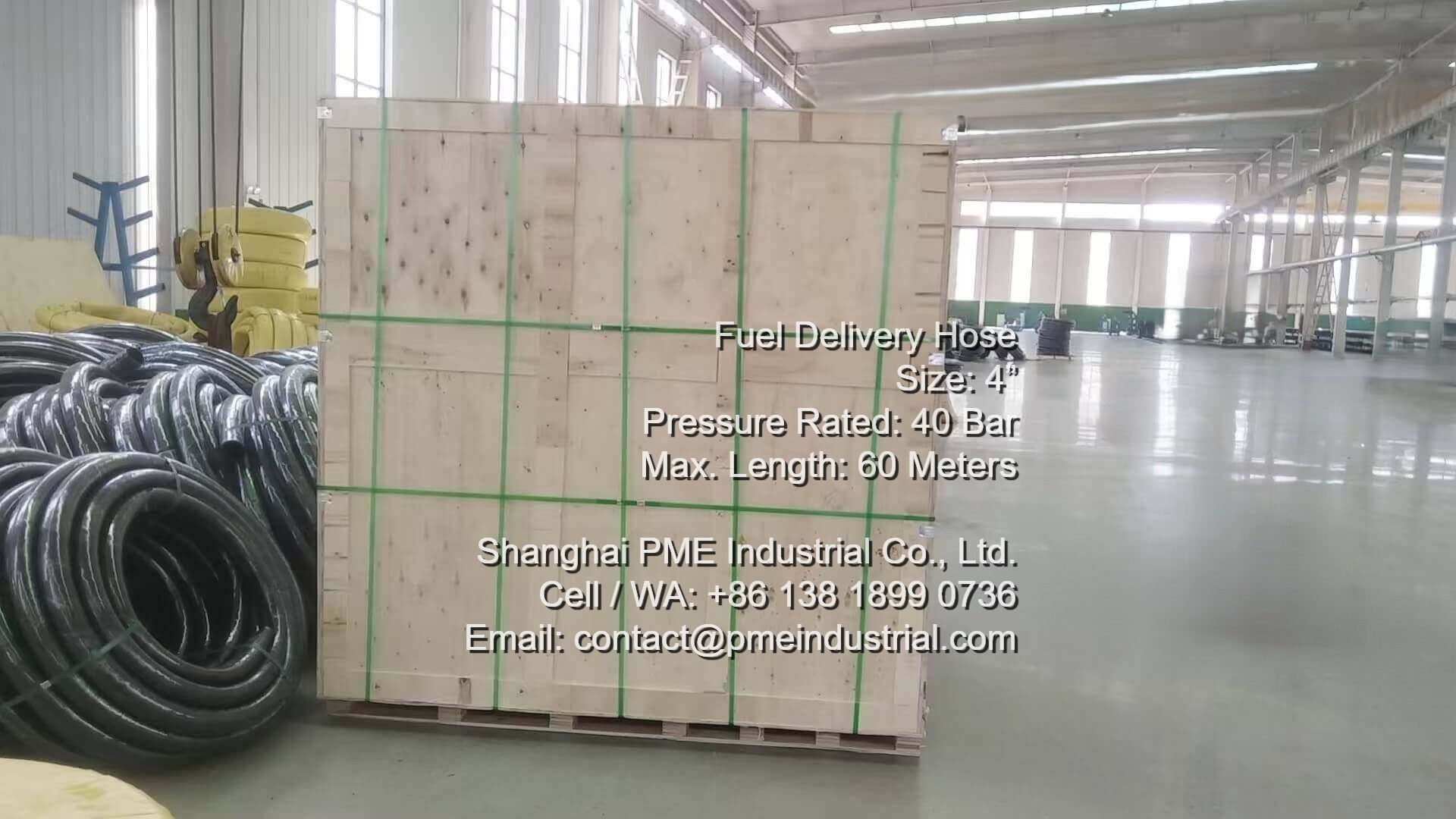 PME industrial rubber fuel hoses packed securely in heavy duty export wooden crates for ocean freight