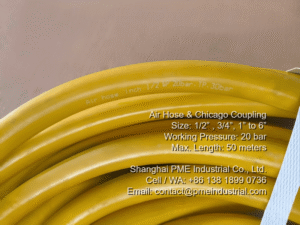 Close up view of air hose surface branding showing 20 bar 300 psi working pressure specification