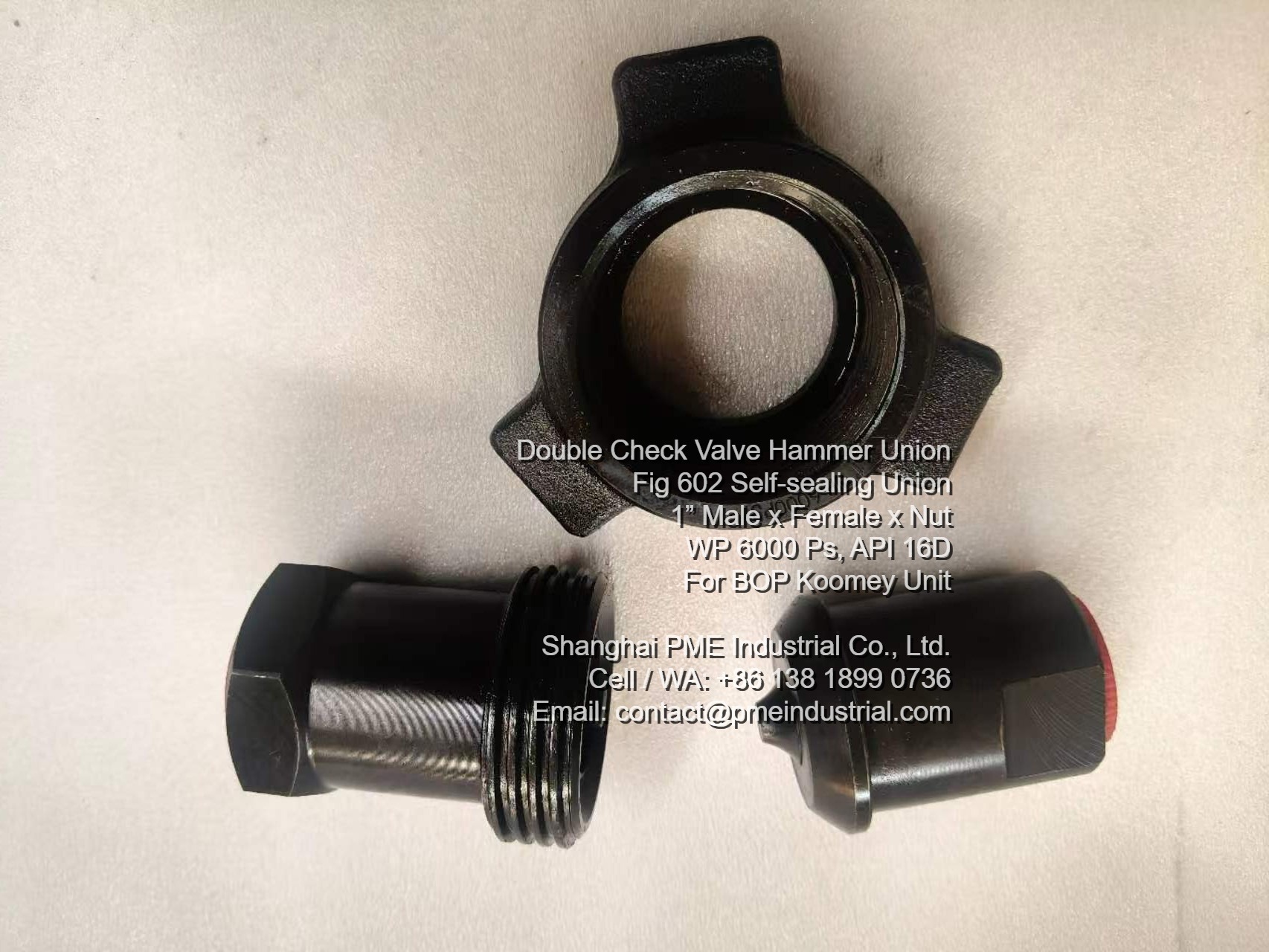 Fig 602 self sealing union male sub female sub and three lug nut separated view