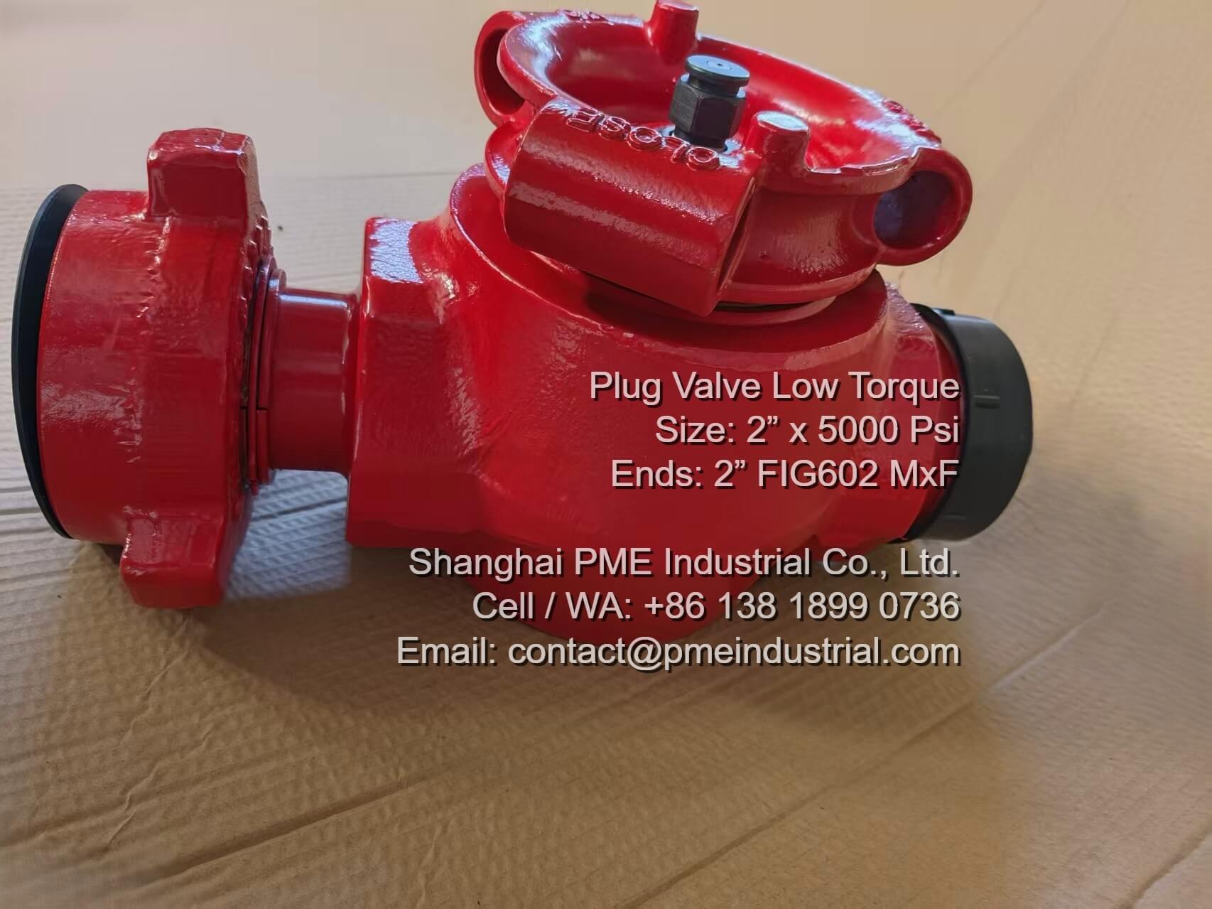 Low torque plug valve 2 inch 5000 PSI side view showing FIG 602 M x F hammer union connections