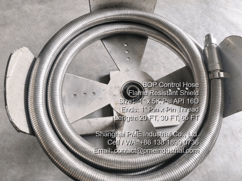 BOP Control Hose Flame Resistant Shield coiled neatly in workshop after pressure testing