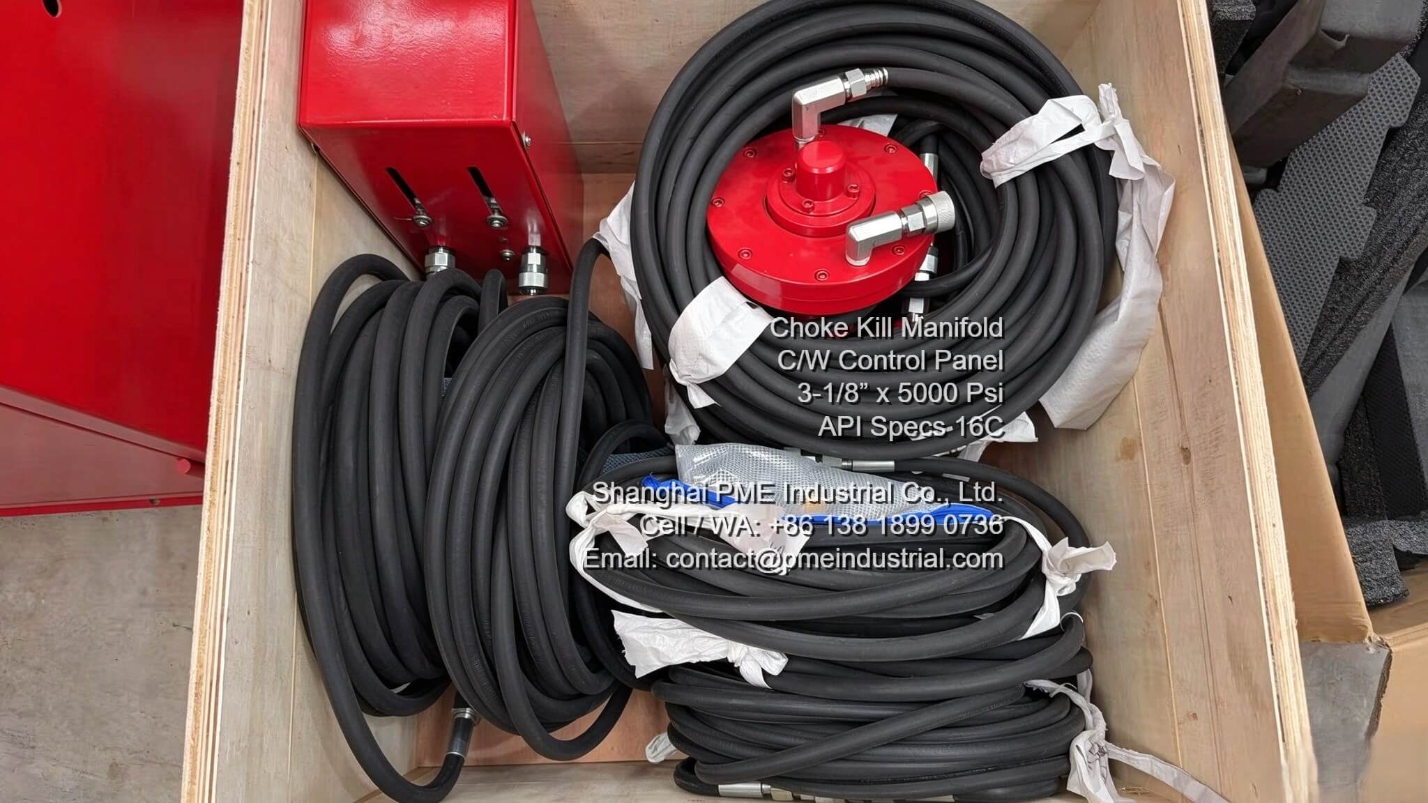Choke kill manifold control panel hydraulic hose lines packed in wooden crate for export dispatch
